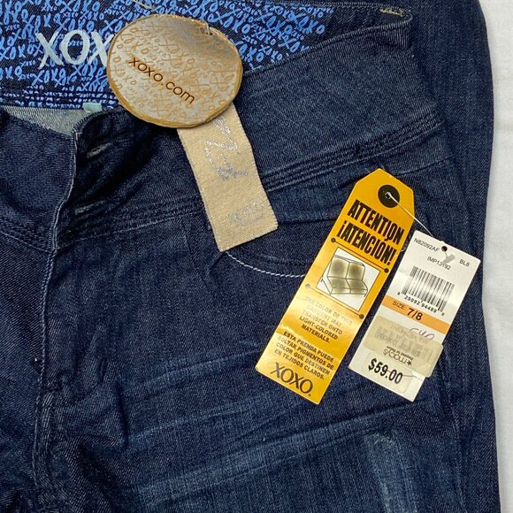 XOXO Low Rise Embroidered Flared Denim Jeans Light Distress Medium Wash NWT 7/8 - Picture 12 of 14